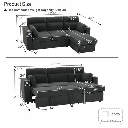 Convertible Sectional Sofa With Storage Chaise, Cup Holders And Pull Out Sleeper