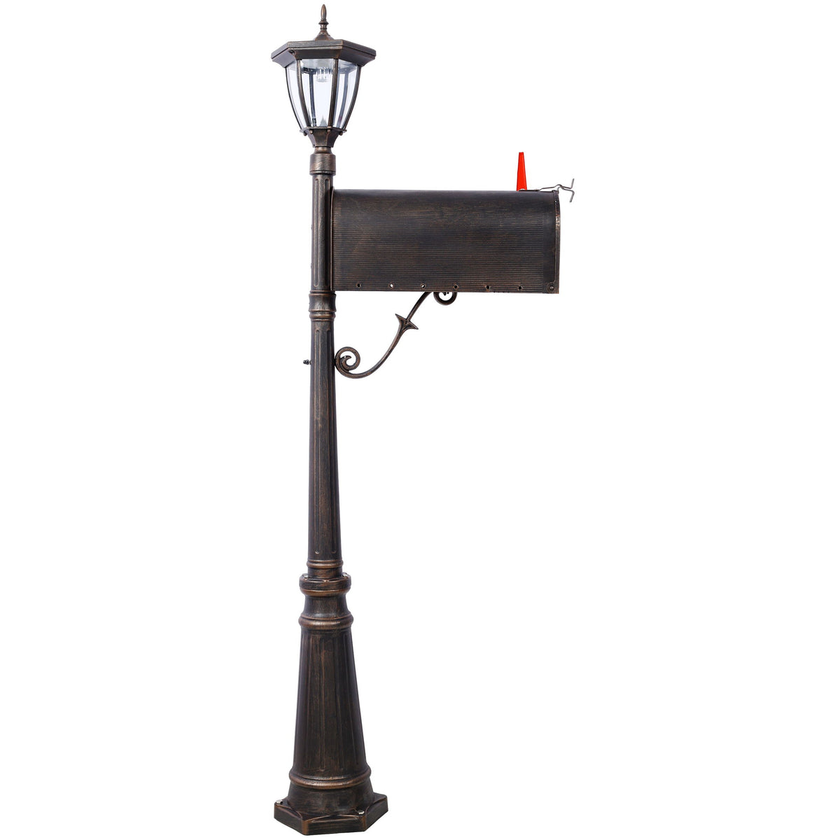 Stratford - Heavy Duty Cast Aluminum Mailbox With Post And Solar Light, Fluted Base, Decorative Modern Mailbox - Brown