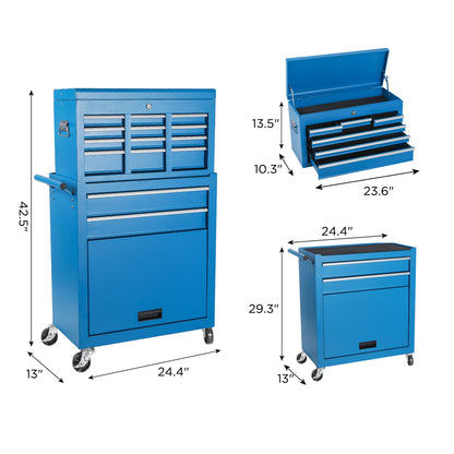 8 Drawer Rolling Tool Chest With 2 In 1 Detachable Top Box, Lockable Wheels