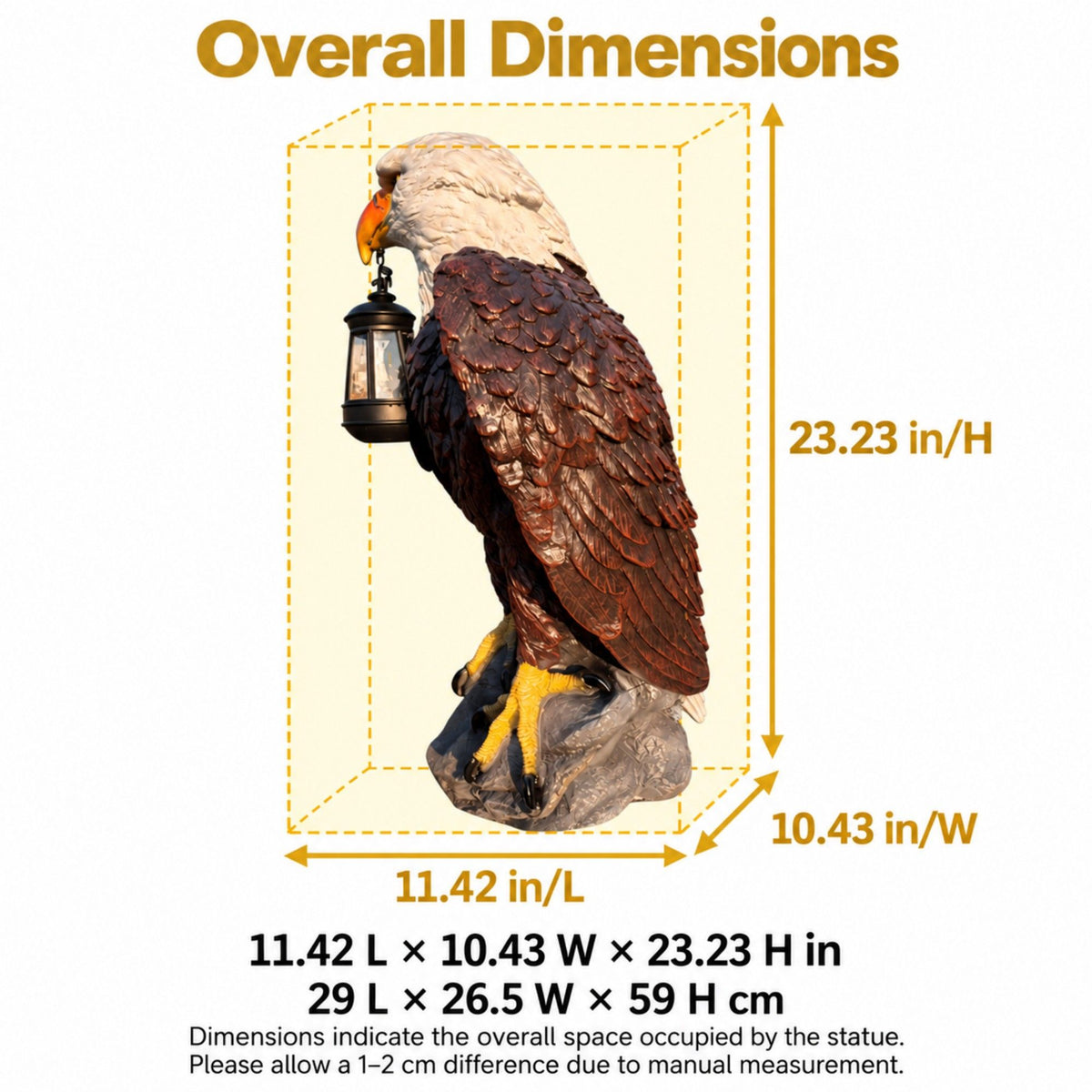 Solar Powered Bald Eagle Statue With Lantern, Outdoor Garden Decor - Black Brown