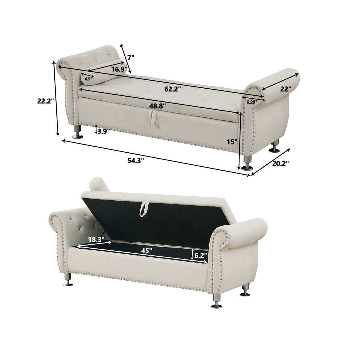 Storage Bench With Crystal Buttons And 1 Pillow For Bedroom
