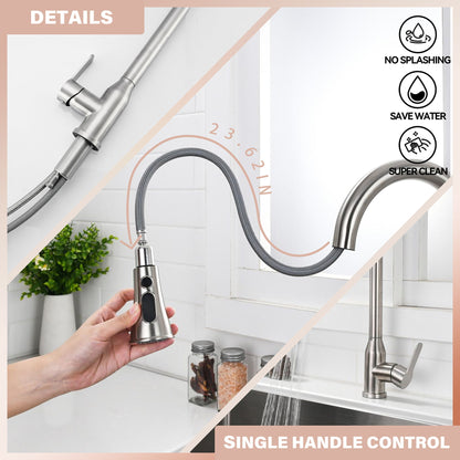 Stainless Steel High Arc Kitchen Faucet With Pull Down Sprayer - Brushed Nickel