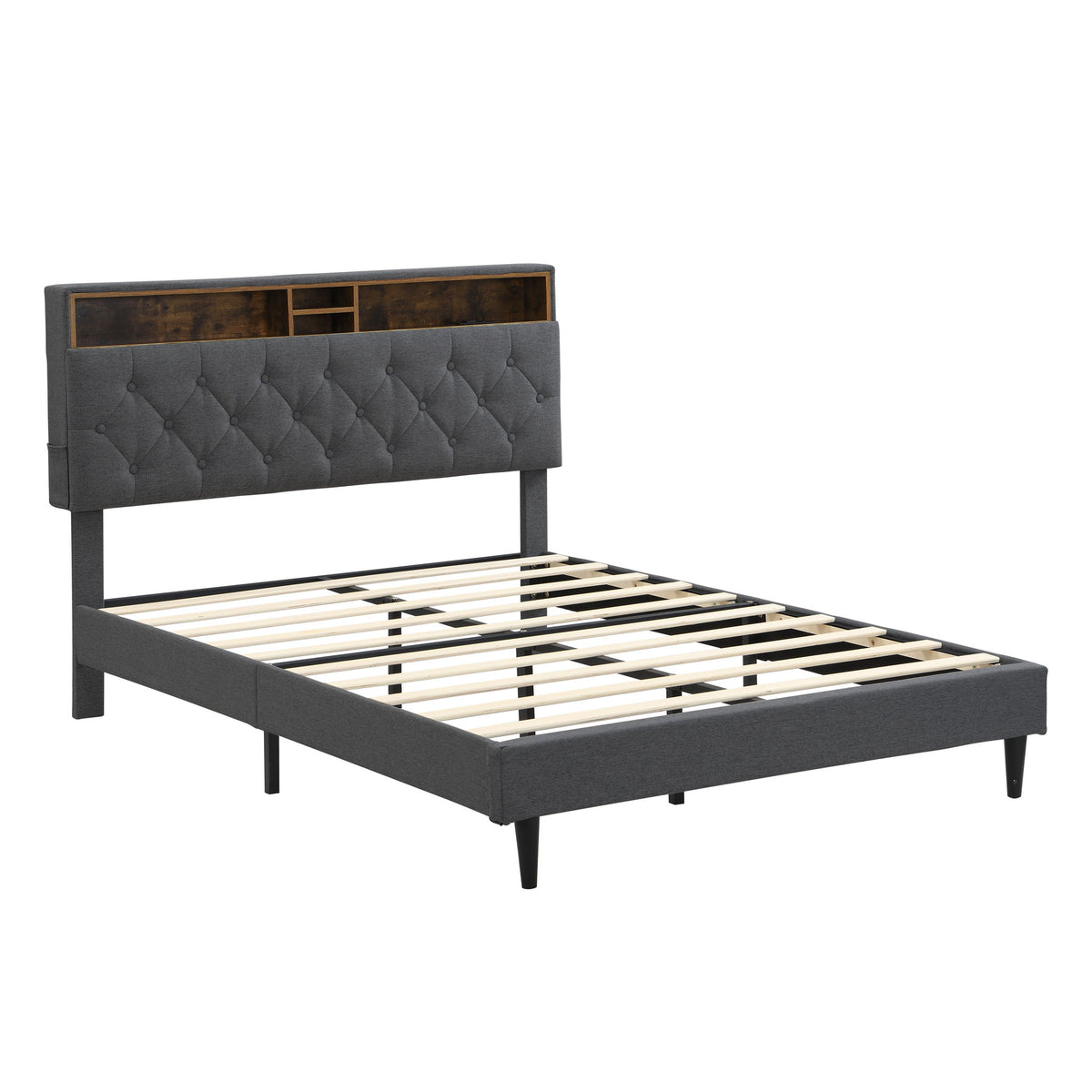 Modern Upholstered Platform Bed Frame With Button Tufted Headboard And USB Ports