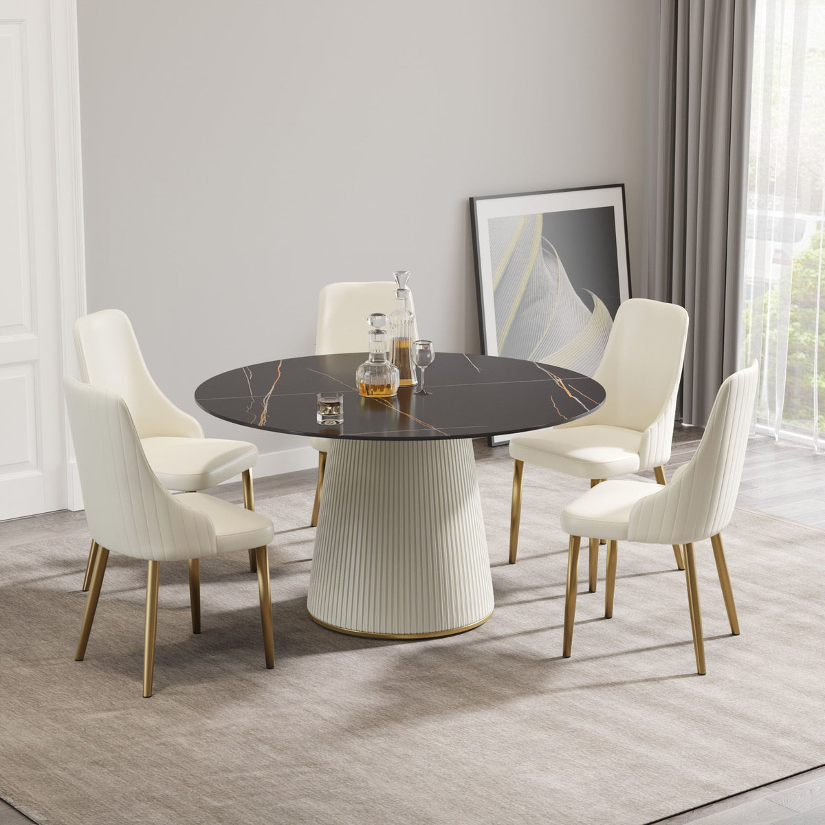 Modern Artificial Stone Round Plywood Base Dining Table, Can Accommodate 6 People, (Not Including Chairs) - Black / Beige