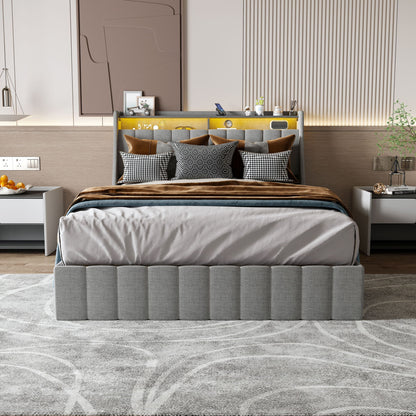 Queen Size Bed Frame With LED Lighting, Winged Headboard With Storage Drawers - Light Gray