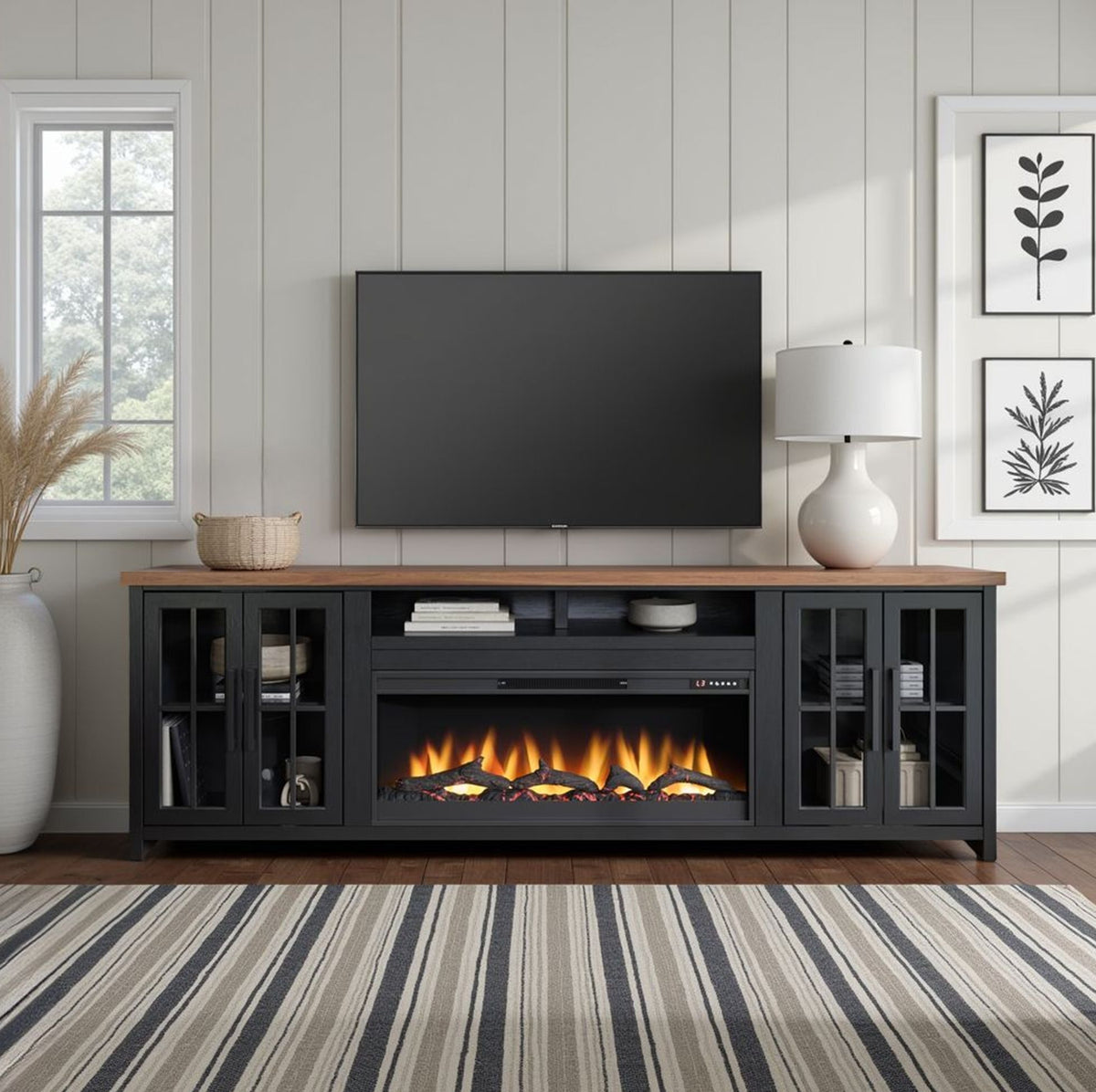 Fireplace TV Stand Console For TVs Up To 100" - Black / Whiskey
