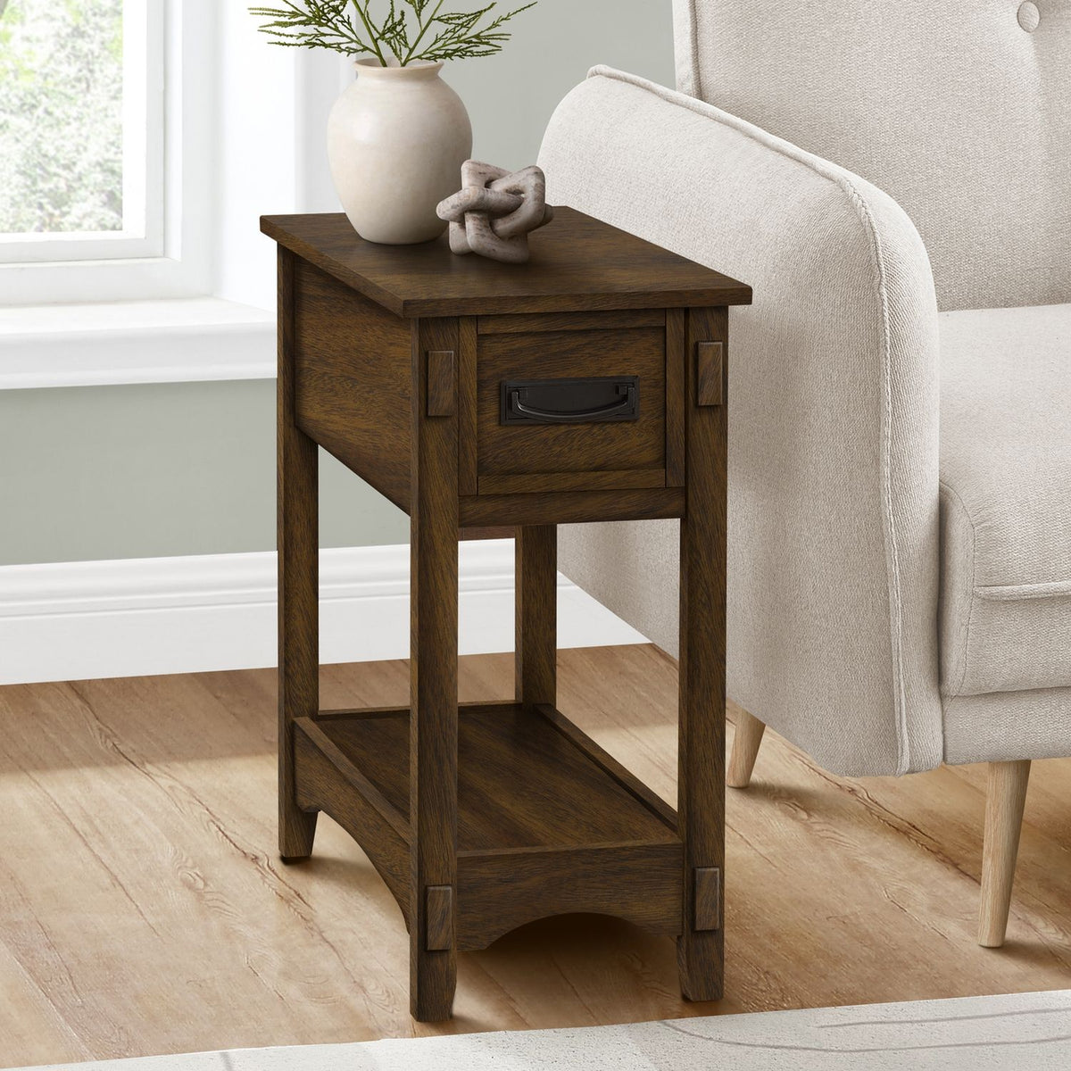 Accent End Table, 2 Tier, Narrow, Storage Drawer, Transitional - Walnut