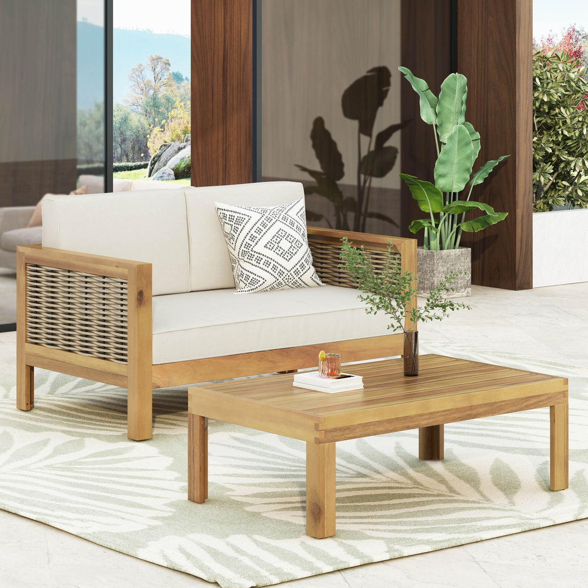 Outdoor Patio Set With Coffee Table And Loveseat - Teak / Beige