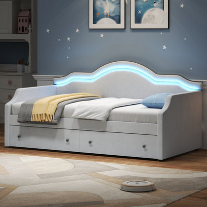 Twin Size Upholstered Daybed With LED Lights And 2 Drawers - Beige