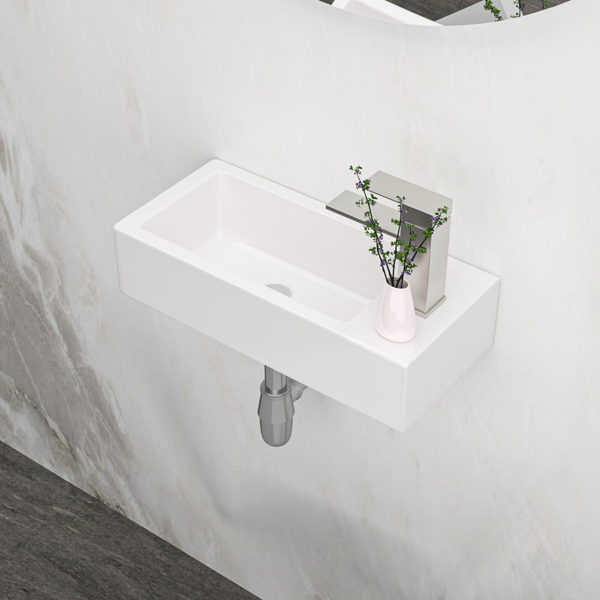 Modern Ceramic Rectangle Wall Mount Bathroom Sink With Single Faucet Hole - White