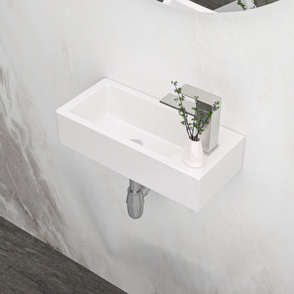 Modern Ceramic Rectangle Wall Mount Bathroom Sink With Single Faucet Hole - White