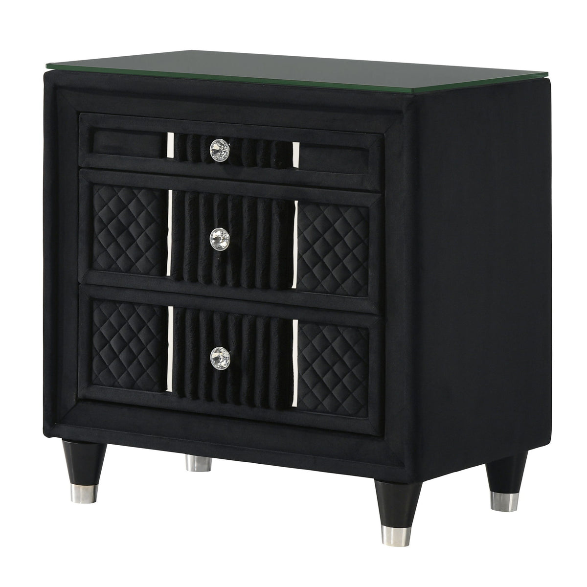 1 Piece Nightstand Upholstery Textured Look Luxurious Feel Drawer Fronts Crystal Style Knobs - Black