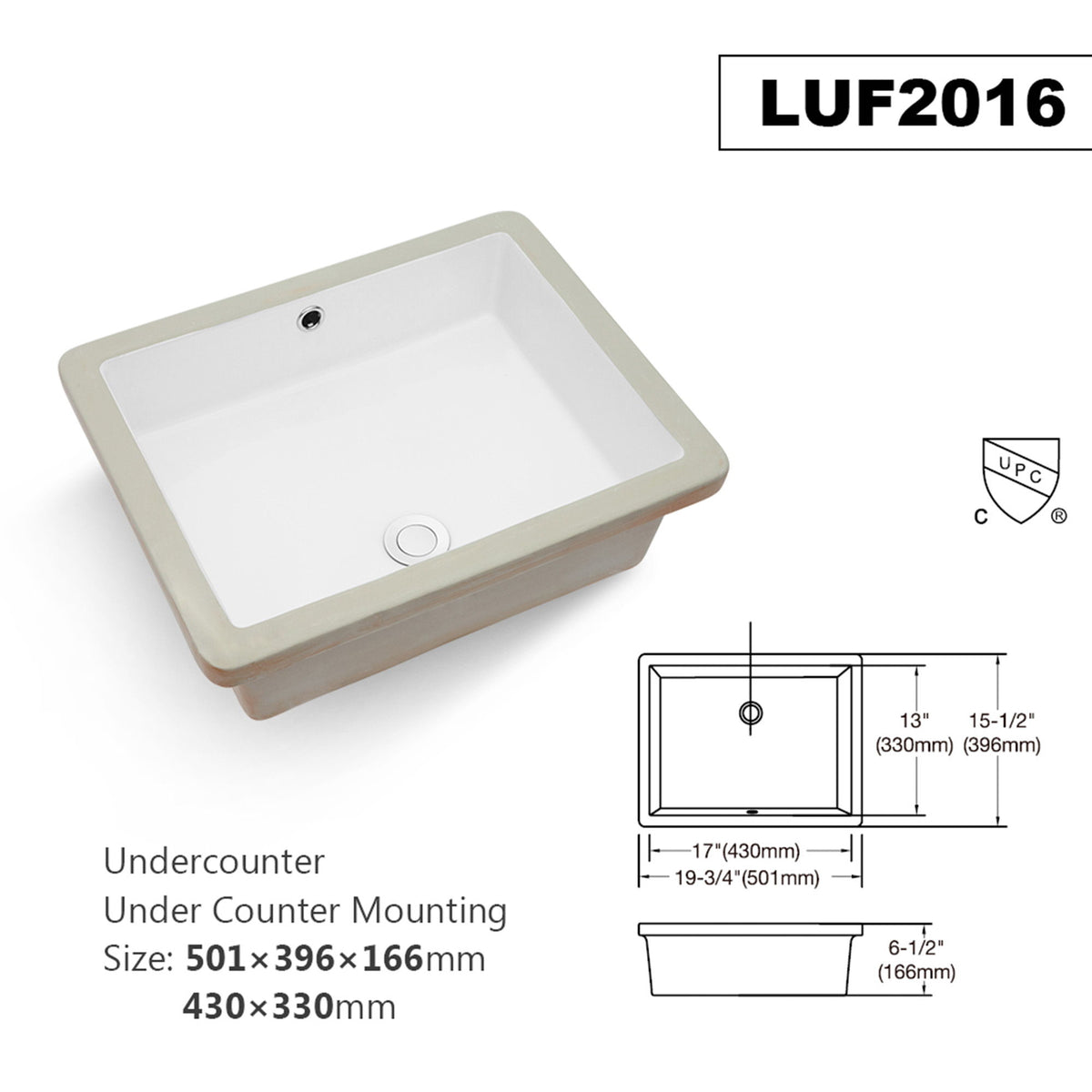 Modern Rectangular Undermount Bathroom Sink With Overflow Ceramic