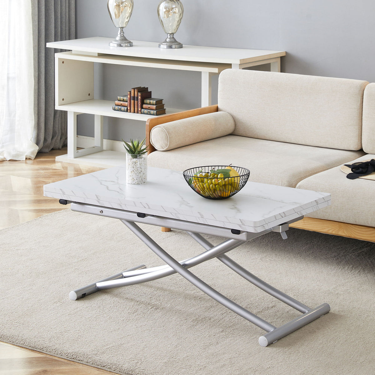 Modern Minimalist Multifunctional Lift Table With Metal Legs - White / Silver