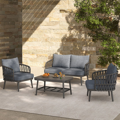 4 Piece Outdoor Patio Furniture Set, Metal Chairs With Woven Rope U Shaped Backrest