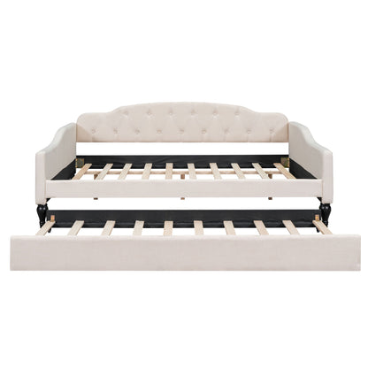 Upholstered Tufted Full Size Daybed With Twin Trundle - Beige