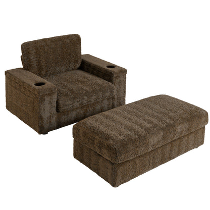 Oversized Chaise Lounge Indoor Rabbit Fur Sofa Bed With Storage Ottoman And Armrests Cup Holders With Deep Seat