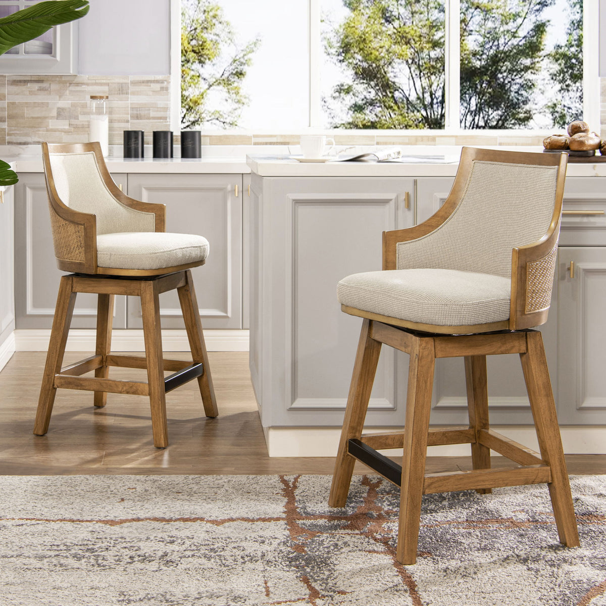 Bahama - Cane High Back Swivel Counter Stool With Recessed Arms Textured Weave - Taupe Beige
