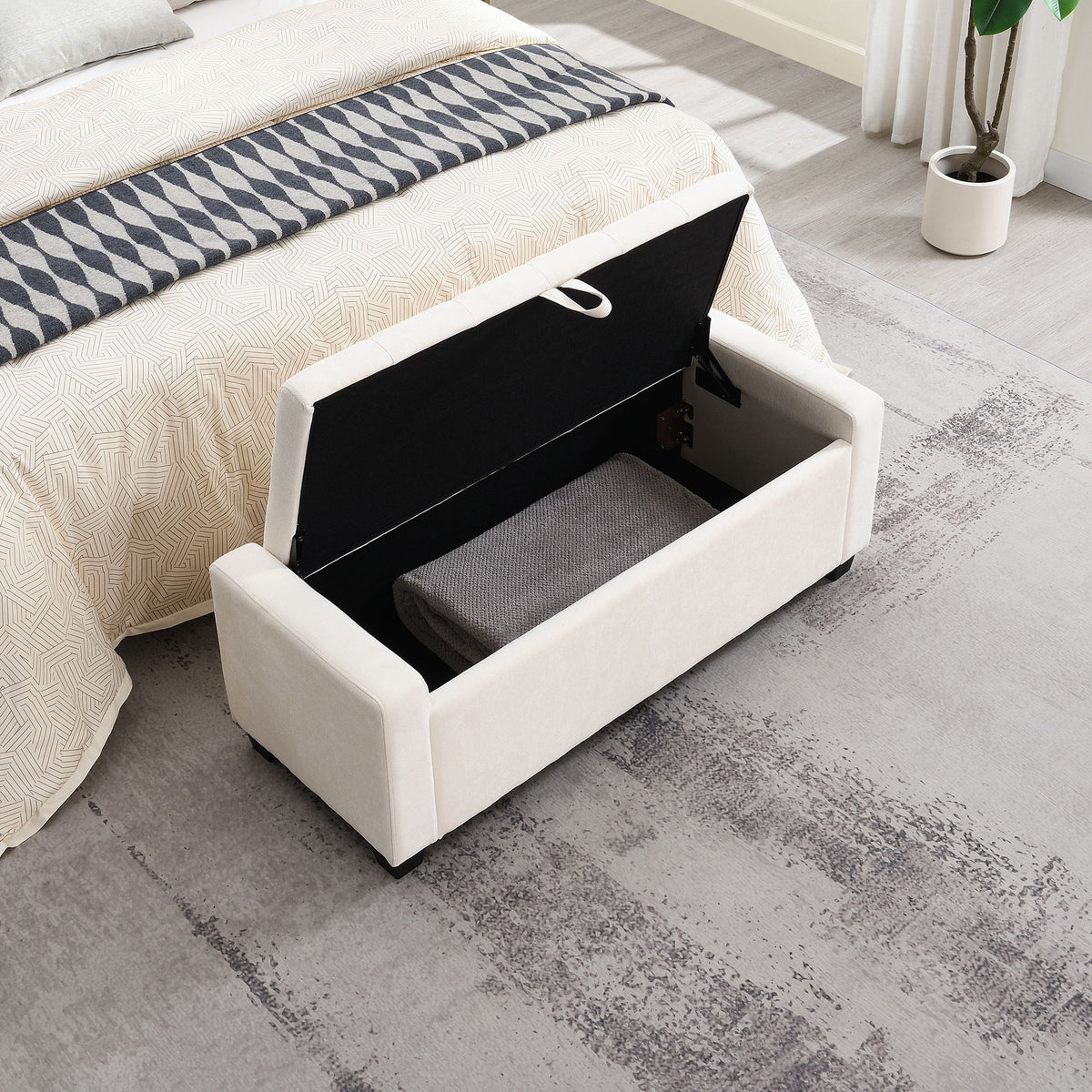 Upholstered Storage Ottoman Bench With Button Tufting And Safety Hinge