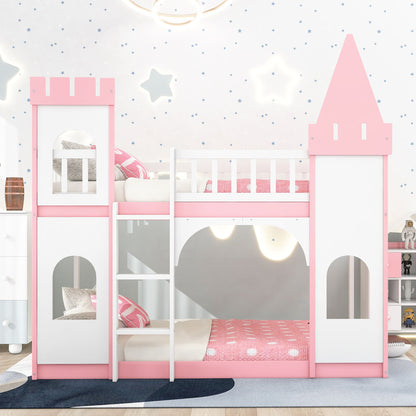 Twin Over Twin Castle Bunk Bed With Ladder - Pink