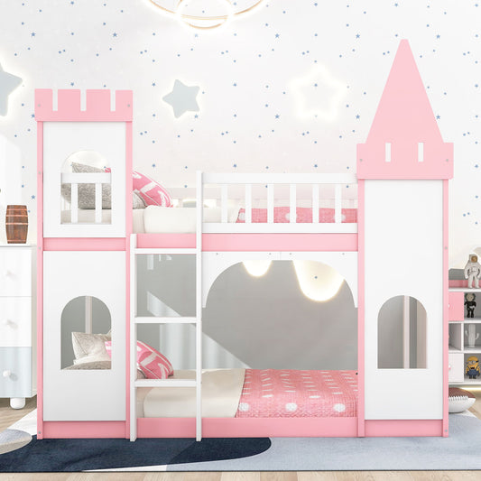 Twin Over Twin Castle Bunk Bed With Ladder - Pink