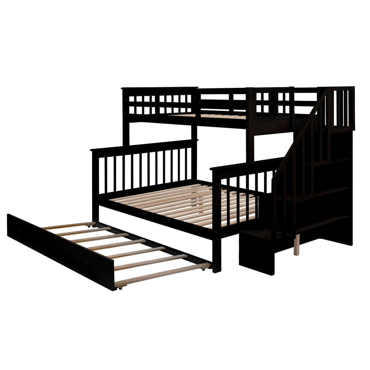 Bunk Bed With Twin Size Trundle, Storage And Guard Rail For Bedroom