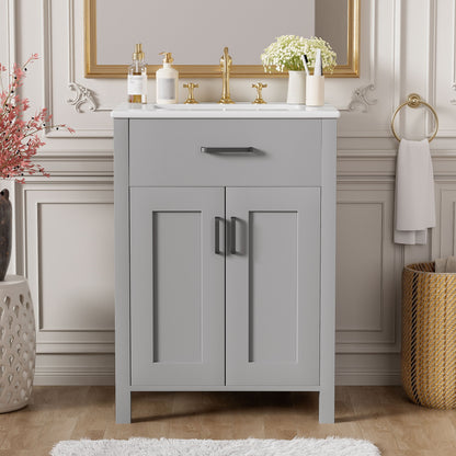 Bathroom Vanity With Ceramic Sink, Soft Close Doors, Flip Drawer, Double Layer Door Shelves