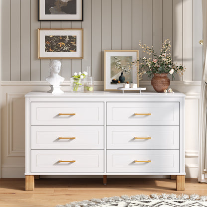 6 Drawer Double Dresser With Handles, Storage Cabinet - White