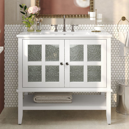 Bathroom Vanity With Ceramic Sink, Adjustable & Open Shelf
