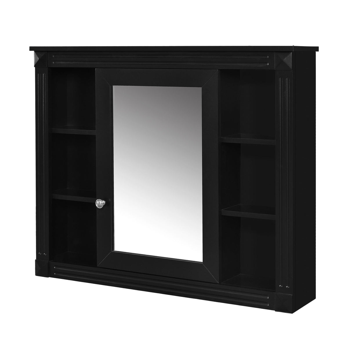 Wall-Mounted Bathroom Storage Cabinet With Mirror, 6 Open Shelves - Black