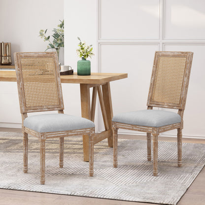 French Country Dining Chair With Rectangular Cane Backrest And Smooth Upholstered Seating