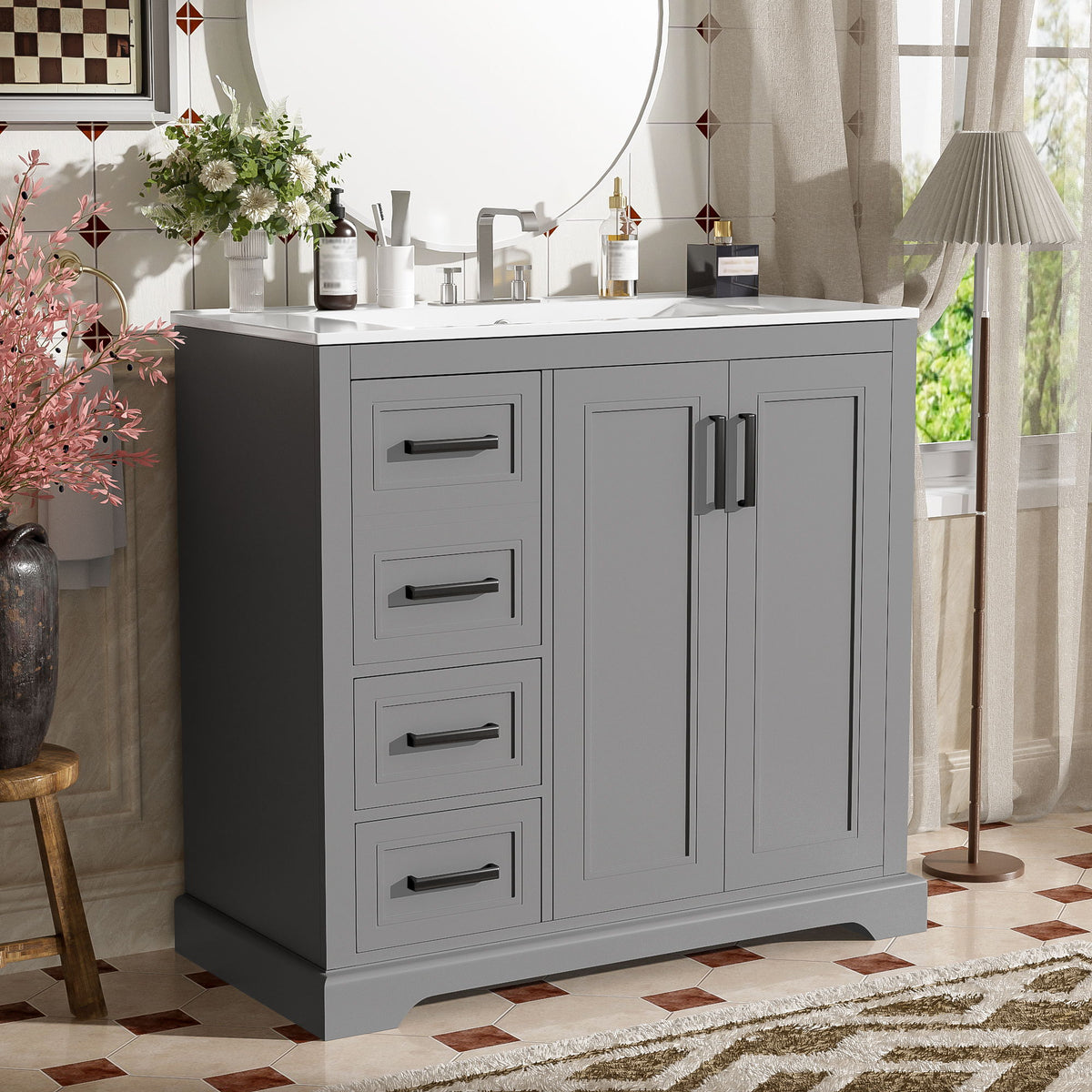 Bathroom Vanity With Sink, Soft Close Doors, Adjustable Shelf & 3 Drawers