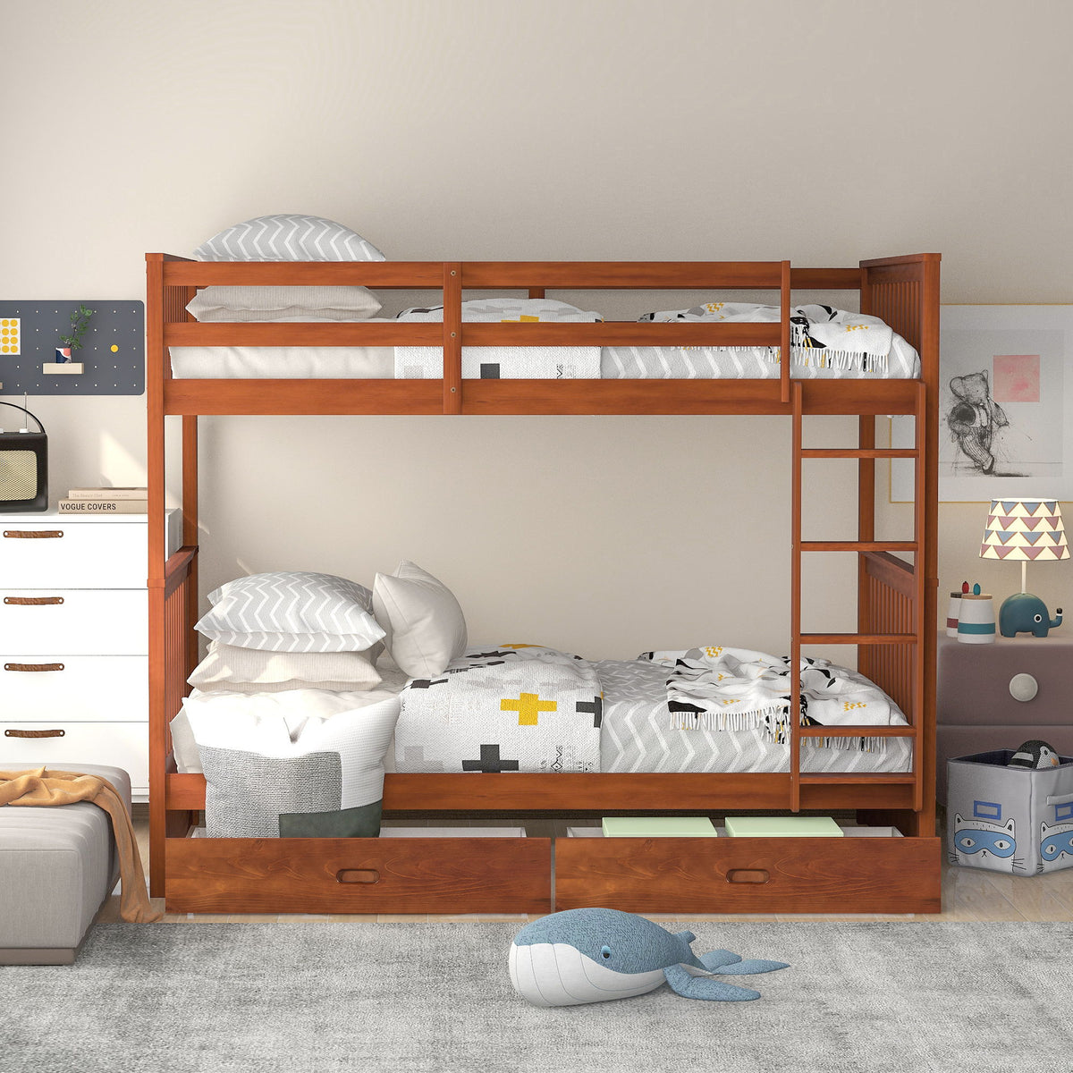 Bunk Bed With Ladders And 2 Storage Drawers