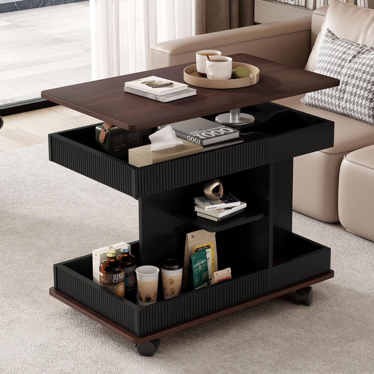Adjustable End Table With Wheels, 360°Rotating Top And Storage Space