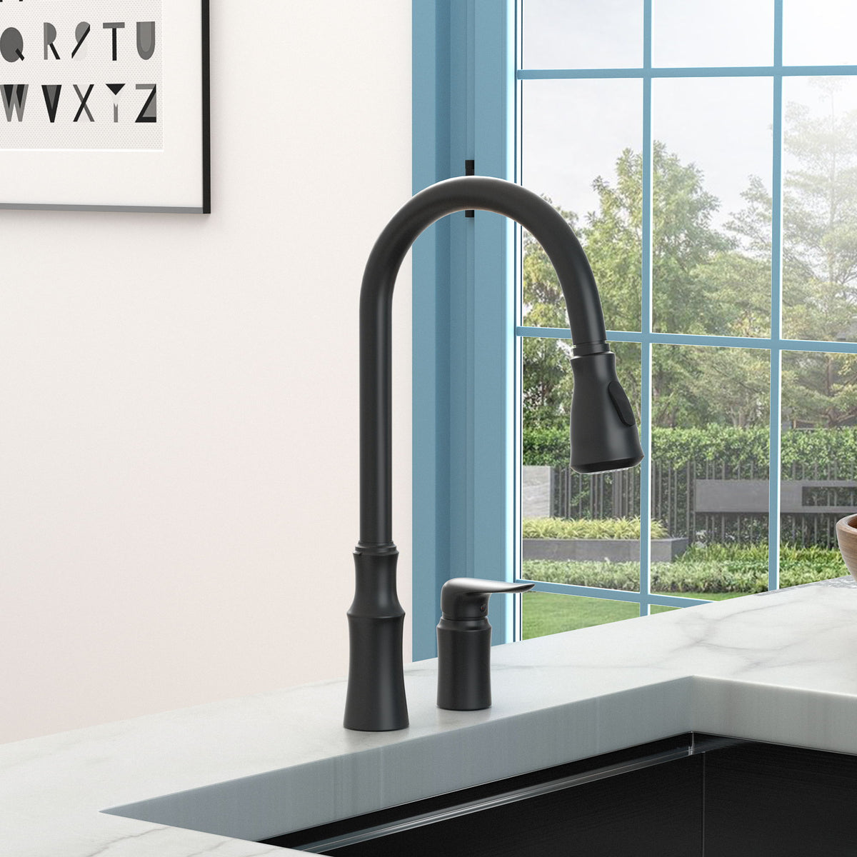 16.9" Kitchen Sink Faucet With Separate Handle And Pull Down Sprayer, Lead Free Brass - Matte Black