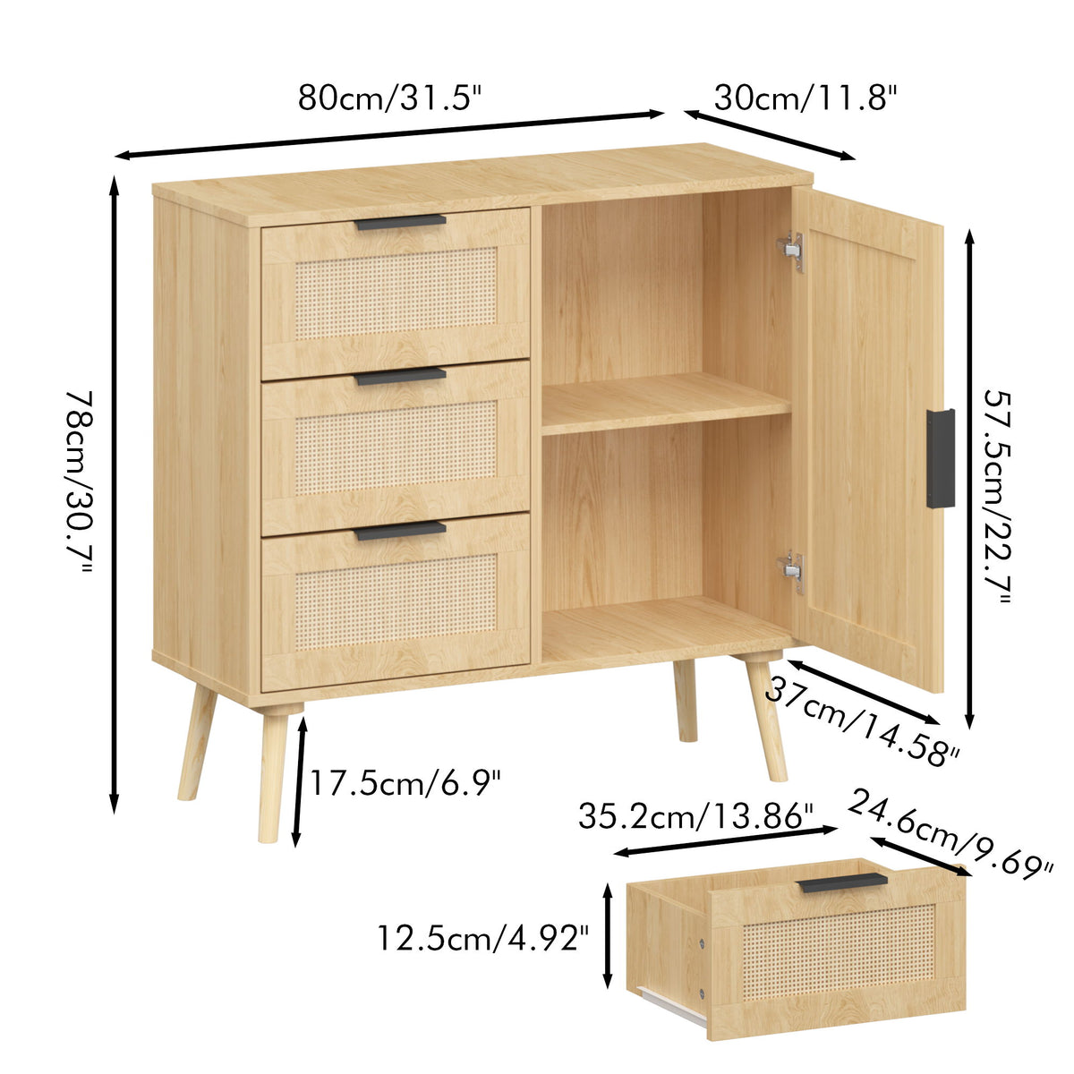 Dresser With Drawers And Adjustable Shelf - Antique Natural / Rattan