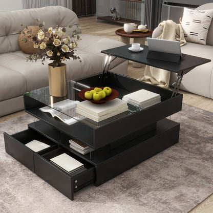 Lift Top Coffee Table With 2 Drawers, Hidden Space And LED Lights For Living Room - Black