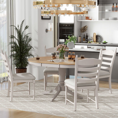 Trexm 5-Piece Retro Functional Dining Table Set Wood Round Extendable Dining Table And 4 Upholstered Dining Chairs (Off White)
