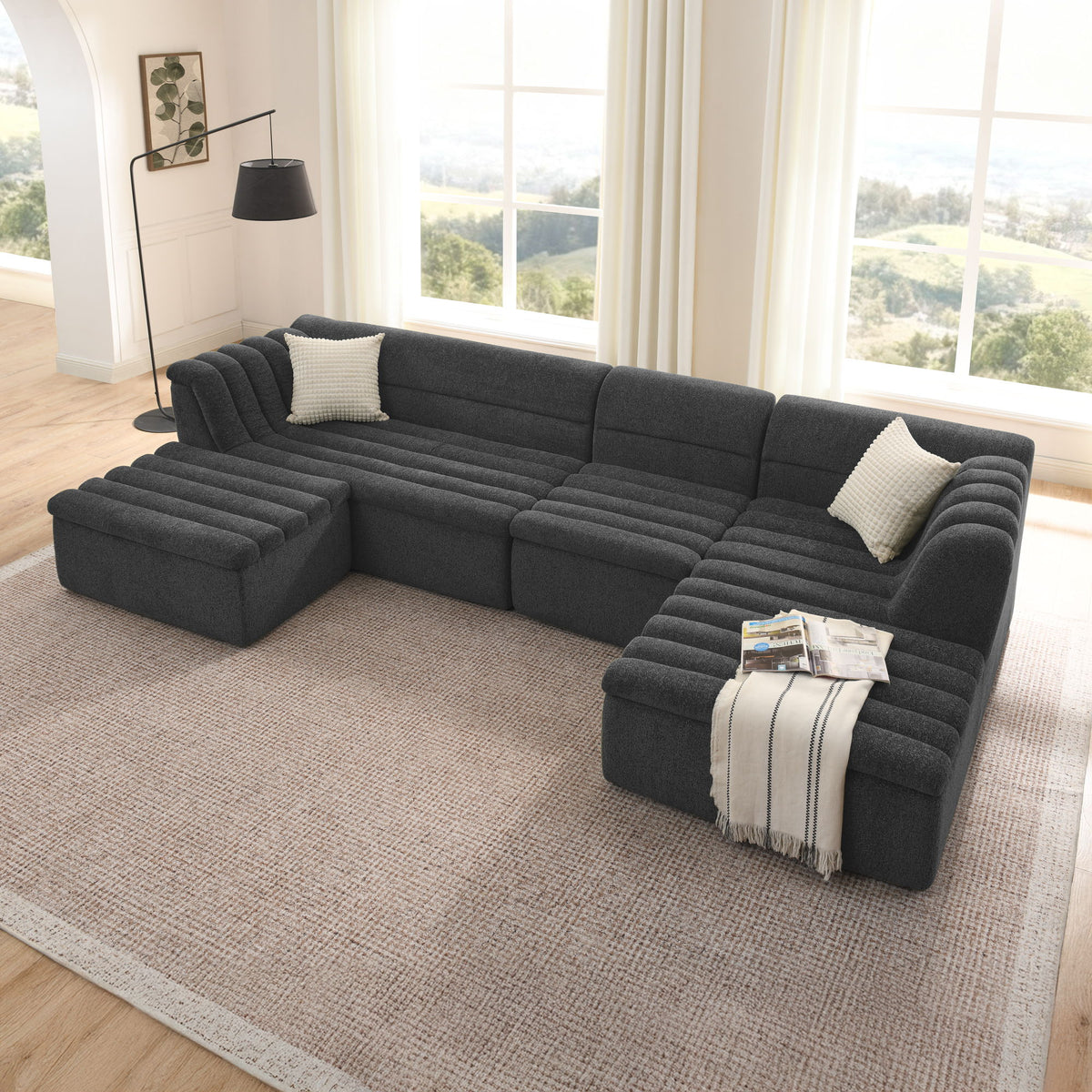U-Shaped Modular Sectional Sofa With Chaise And Movable Ottoman, Wave-Shaped Armrest, No Pillows Included - Black