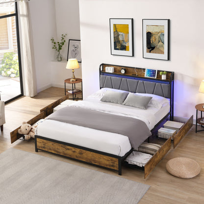 Modern Bed Frame With LED Lights, Upholstered Headboard, USB Charging