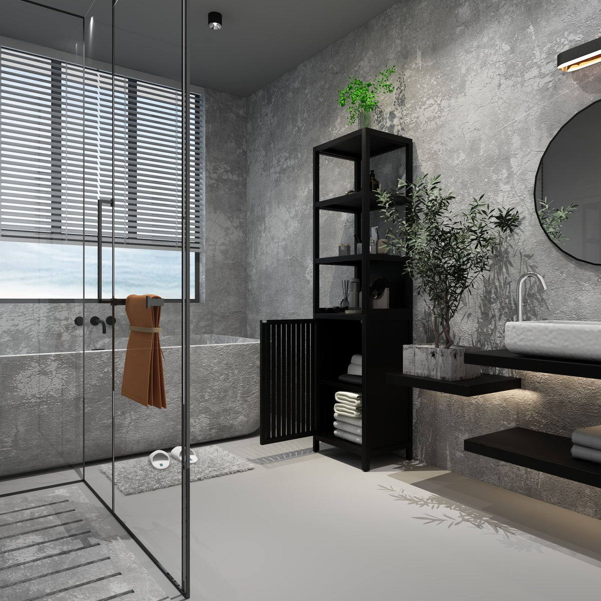 Storage Cabinet With Tall Tower, Multifunctional For Bathroom