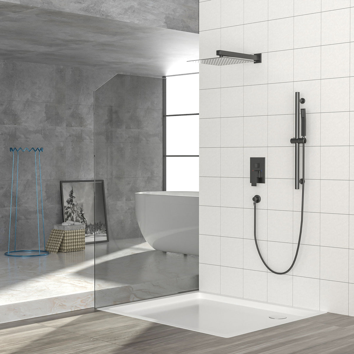 Modern Shower System With Adjustable Slide Bar, Stainless Steel And Brass Construction