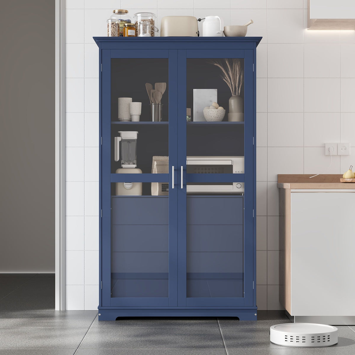 Kitchen Pantry, Freestanding Kitchen Storage Cabinet Display Cabinet With Glass Doors And 4 Built In Drawers For Living Room, Home Office - Blue