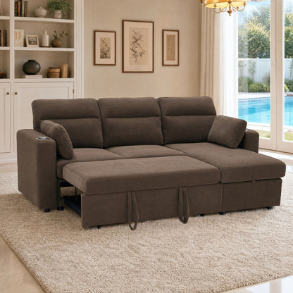 Convertible Sectional Sofa With Storage Chaise, Cup Holders And Pull Out Sleeper