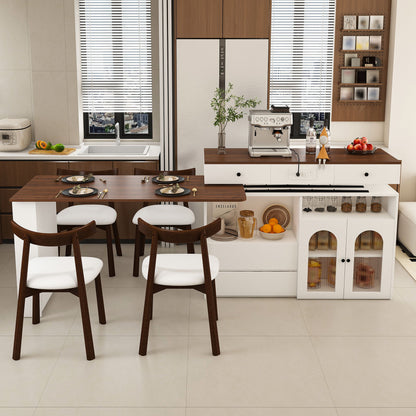 Kitchen Island Set With 4 Chairs, Extendable & Rotating Table, 4 Drawers & Glass Door Cabinets - Walnut