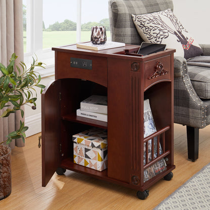 Traditional End Table With Charging Station, Narrow Side Table With USB Ports And Outlets - Red Walnut