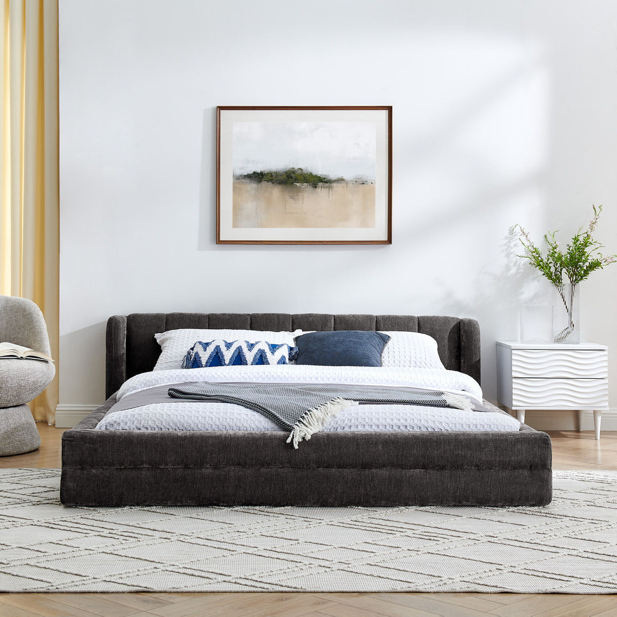 Modern Upholstered Bed Frame With Thick Fabric And Headboard