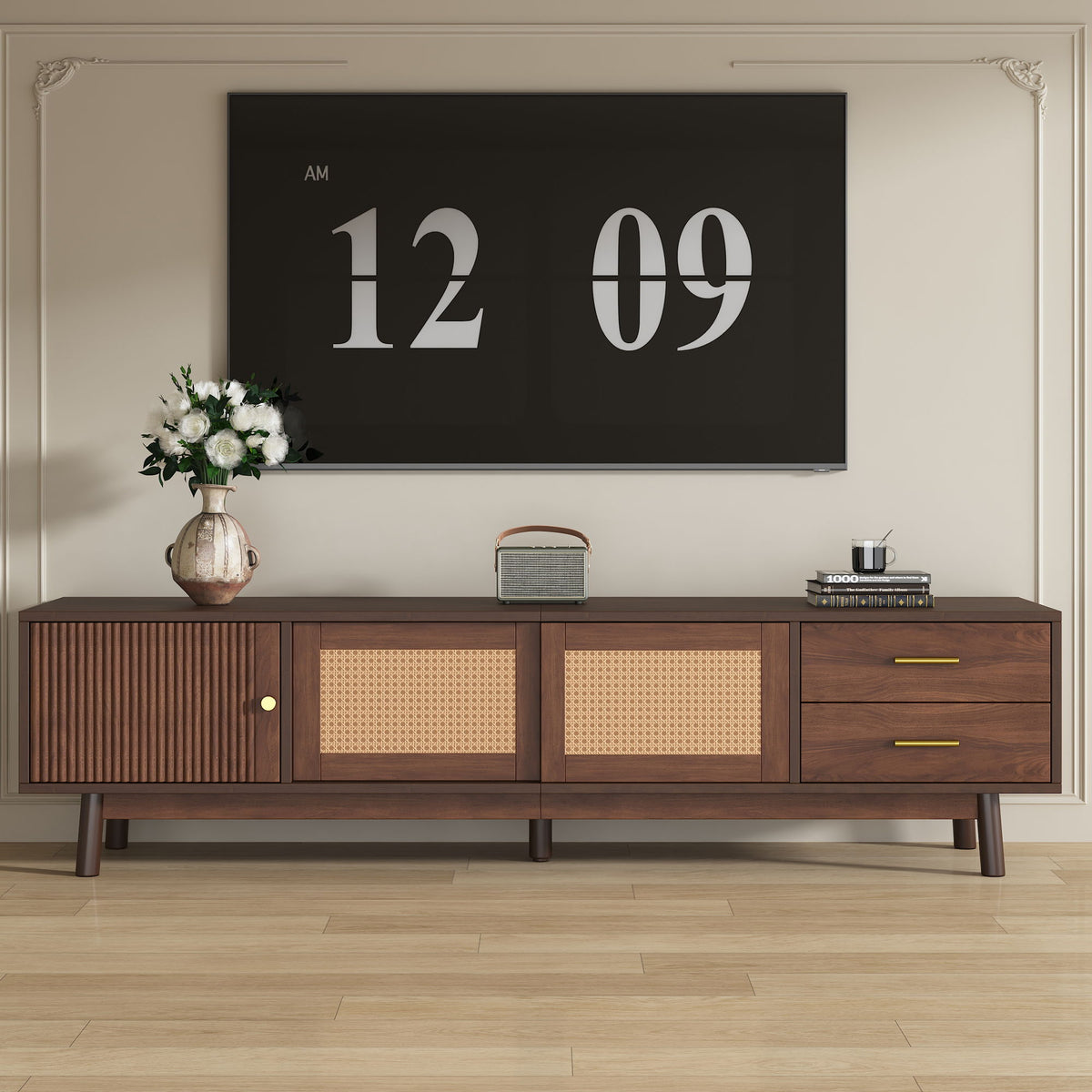 TV Stand For 80" TVs With Sliding Doors And Drawers, Accent Storage Unit - Dark Brown