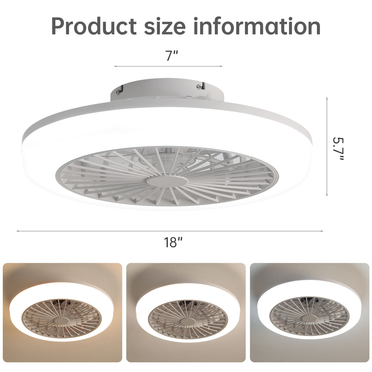 Enclosed Ceiling Fan With Light And Remote, Flush Mount Bladeless Low Profile - White