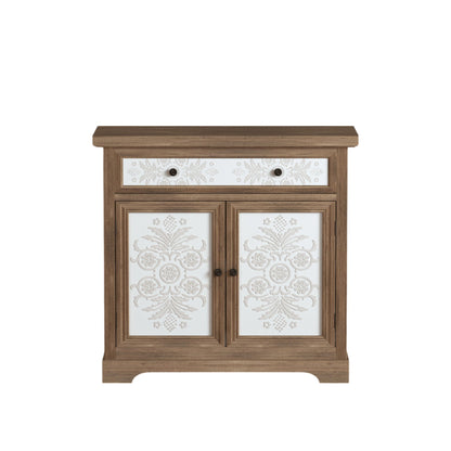 Accent Cabinet With Carved Floral Panels, Sideboard With Drawer And Double Doors - Antique Brown / White